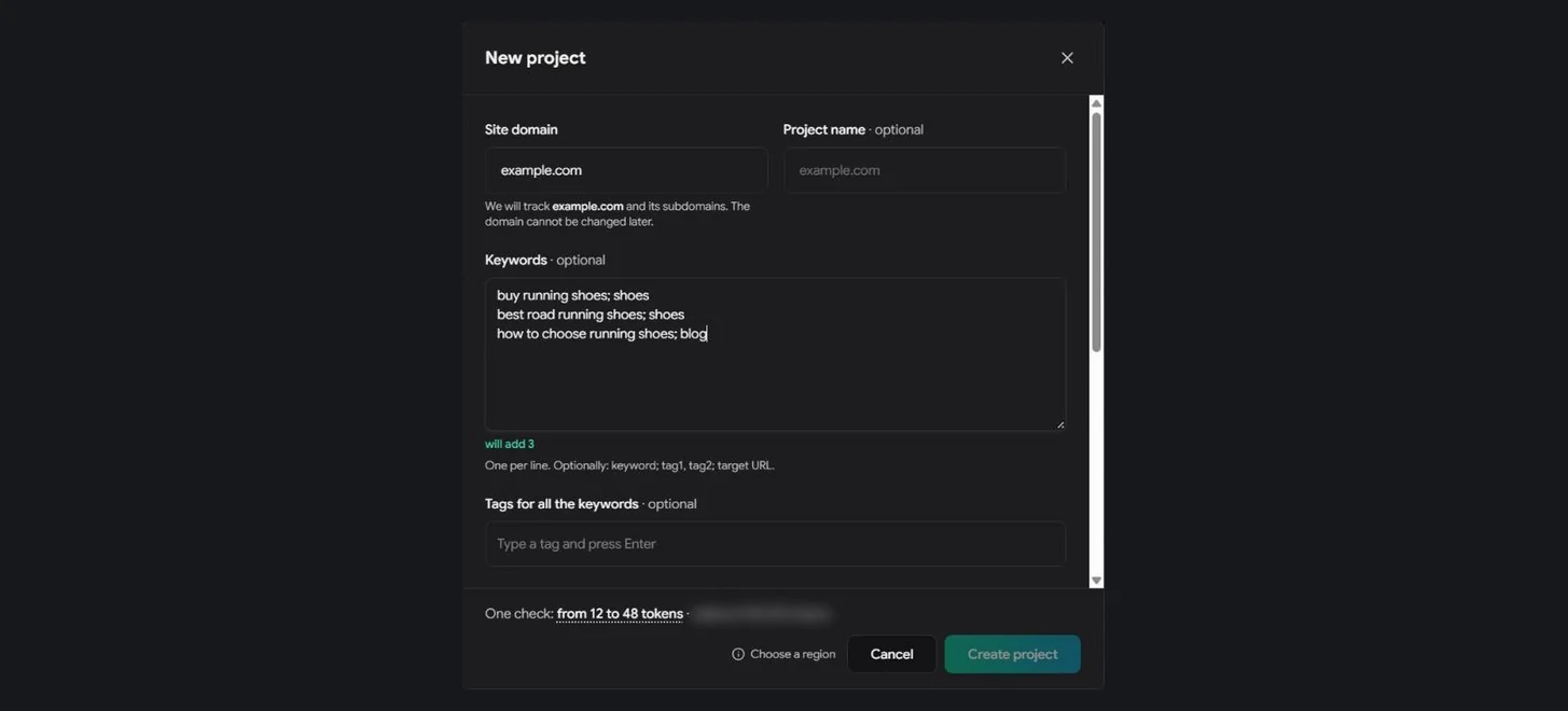 Yeni proje: alan adı, etiketli ve hedef URL’li anahtar kelimeler, bölge ve derinlik