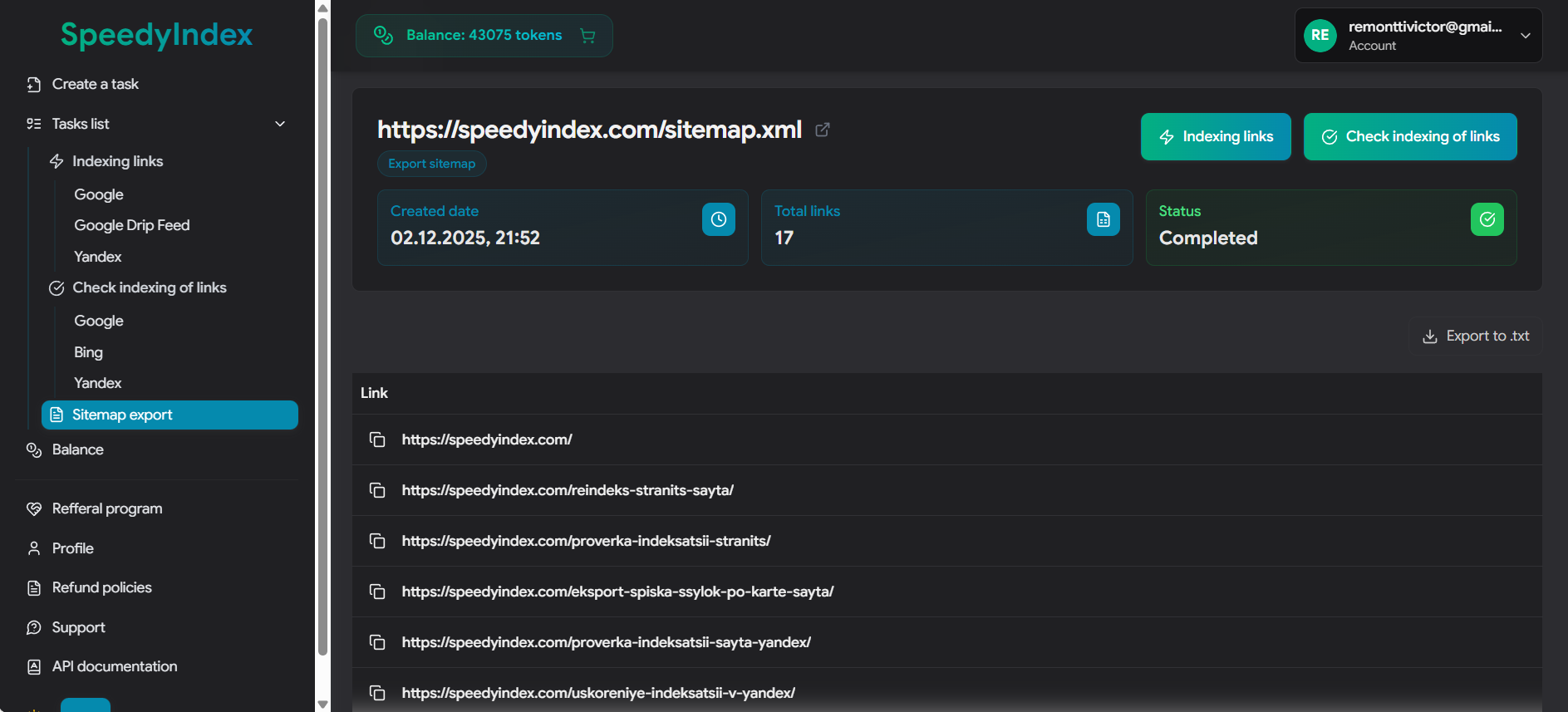 SpeedyIndex Web Uygulamasında kontrole hazır çıkarılmış URL listesi
