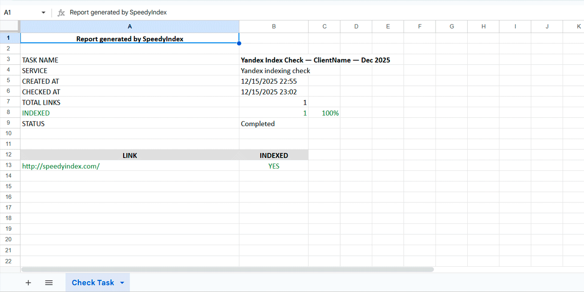 Excel biçiminde Yandex indeksleme raporu örneği