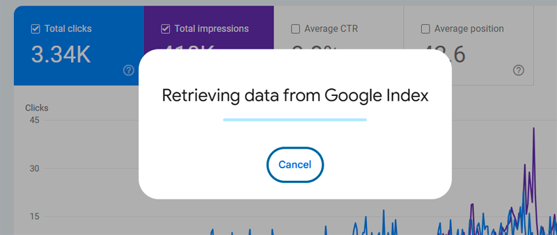 Google Search Console'un 'Google indeksinden veri alınıyor' yükleme ekranı