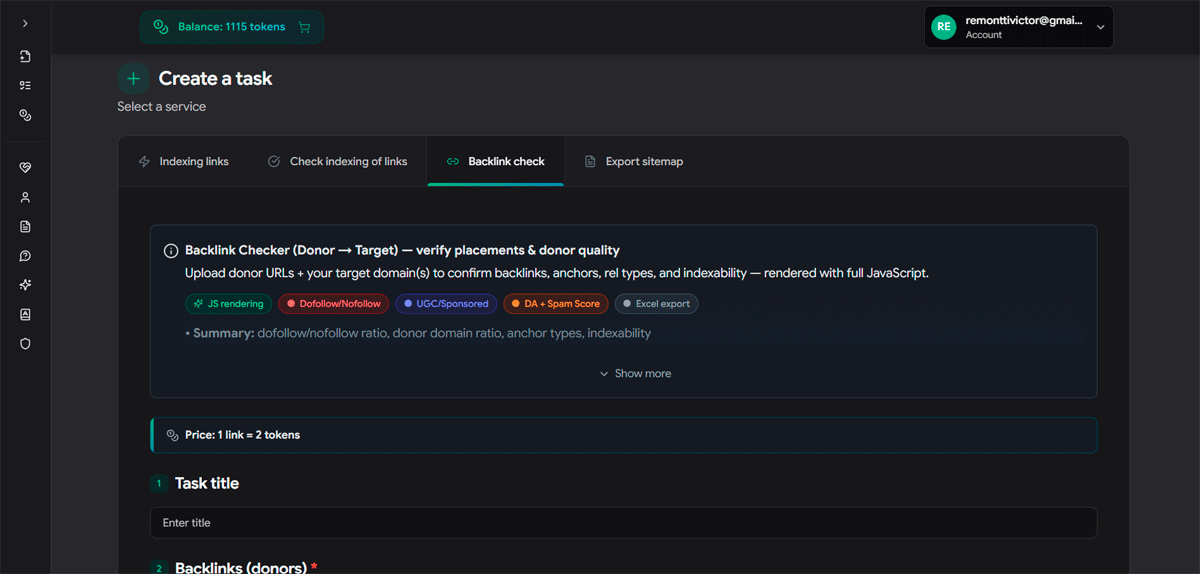 Yeni görev oluşturmayı gösteren SpeedyIndex Backlink Kontrolü panosu